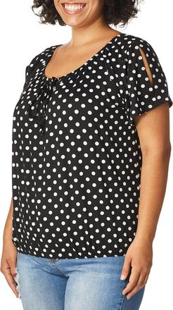 Star Vixen Womens Short/Slit Sleeve Keyhole-Tie Peasant Top Bubble Hem Blouse, Black/White Dot, Medium