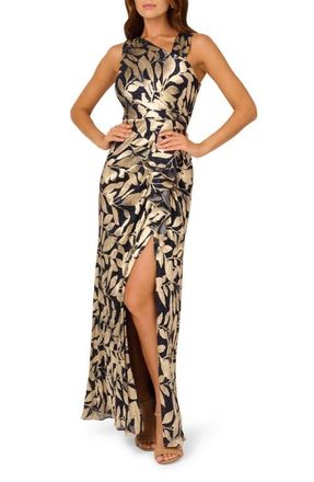 Adrianna Papell Foil Asymmetric Neck Gown in Navy/Gold at Nordstrom, Size 16