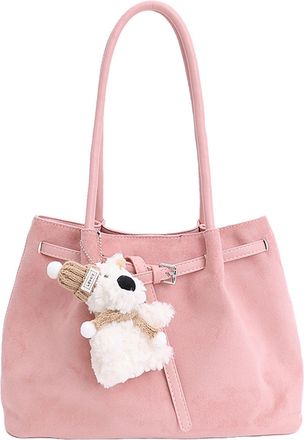Generic Womens Vintage Tote Bag with Cute Pendant, PU Suede Shoulder Bag with Double Straps and Magnetic Closure, Applies to Work and Everyday (Pink,35 * 11 *