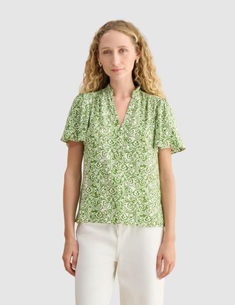 Hobbs London Tania Short Sleeve V-Neck Printed Blouse in Green Ivory at Nordstrom, Size 14