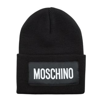 Moschino Accessoires, unisex, Zwart, ONE Size, Wol, Beanie met logo patch