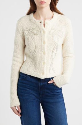 LoveShackFancy Leocadia Embellished Bow Wool Blend Cardigan in Ivory at Nordstrom, Size Xx-Small