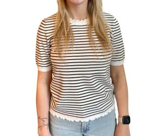 Oui Short Sleeve Striped Sweater In Off White Brown