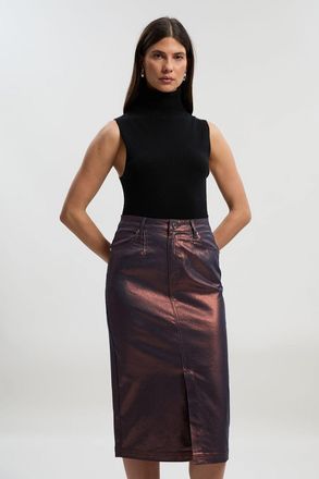 Karen Millen Womens Metallic Coated Denim Pencil Midi Skirt - Bronze Cotton - Size 12 UK