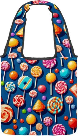 Generic Blue Candy Pattern Reversible Canvas Shoulder Tote - Double-Sided Print, 12oz Cotton, 27cm Drop, Fold-Flat Bag for Travel, Shopping, Street Outings
