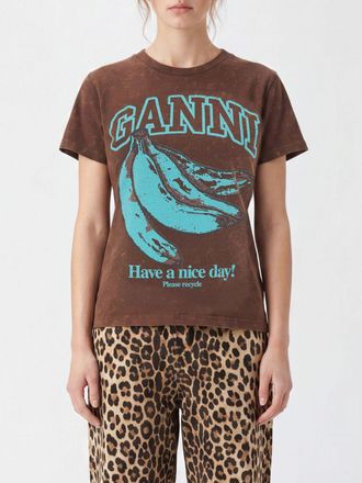 Ganni T-shirt in cotone a girocollo con logo a contrasto