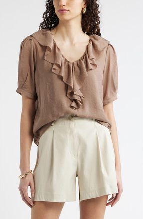Nordstrom Ruffle Crinkle Semisheer Top in Brown Lentil at Nordstrom, Size Xx-Large