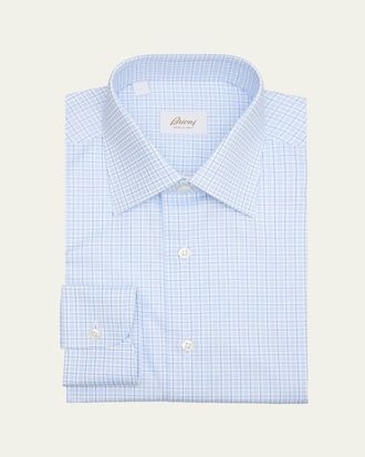 Brioni Mens Cotton Micro-Plaid Point Collar Dress Shirt
