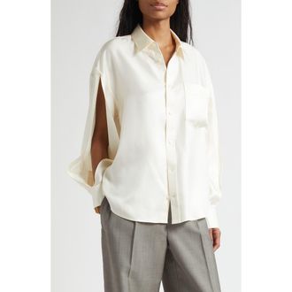 Alexander Wang Slashed Sleeve Satin Button-Up Shirt in Ivory at Nordstrom, Size X-Small