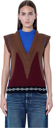Marni Gebreid Vest Zonder Mouwen met Geometrisch Patroon - Dames - V-hals truien - Bruin - XS - Wol - Truien & Vesten