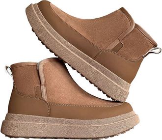 Generic Men fur integrated snow boots with winter fleece insulation high contrast thick sole anti slip versatile cotton short boots (khaki,7.5)