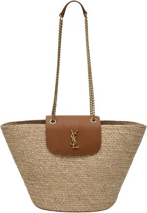Saint Laurent Tassen, Dames, Beige, ONE Size, Leer, Manon Raffia Schoudertas