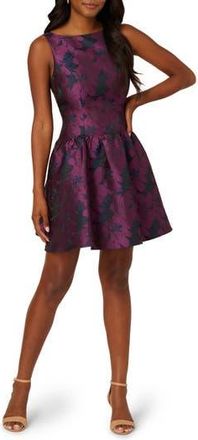 Adrianna Papell Sleeveless Floral Jacquard Drop Waist Cocktail Dress in Navy/Plum at Nordstrom Rack, Size 14