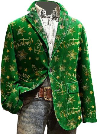 Generic Christmas Blazers for Men UK Corduroy Jacket Ugly Christmas Blazer Jackets Xmas Festive Costume Party Blazer Slim Fit Single-Breasted Suit Jacket Nove