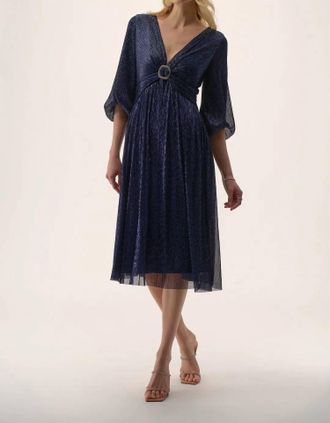 Joseph Ribkoff Sparkle Mesh 3/4 Puff Sleeve Fit And Flare Dress In Navy