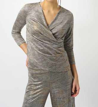 Joseph Ribkoff Foiled Knit Faux Wrap Top In Beige/multi