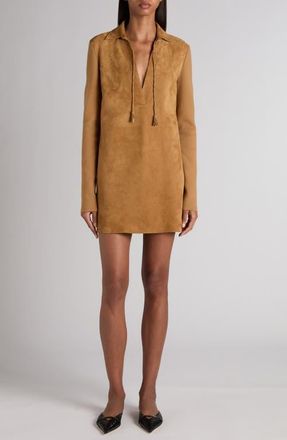 Tom Ford Long Sleeve Suede & Wool Blend Polo Minidress in Golden Brown at Nordstrom, Size 8 Us