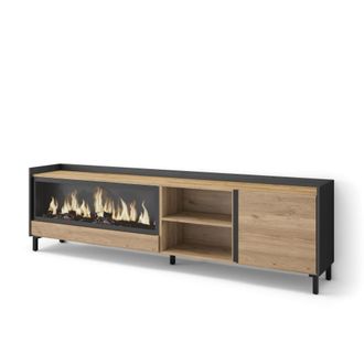 Skraut Home Mueble tv efecto madera roble negro 212x35x61cm chimenea efecto fuego