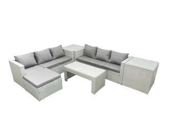 Fimous 7 Seater Garden Outdoor Rattan Furniture Set Rattan Garden Sofa Oblong Coffee Table with Big Footstool 2 Side Tables Light Grey Mixed