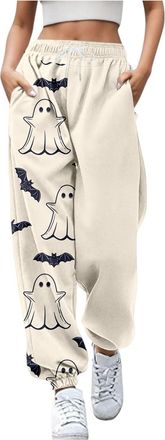Generic Womens Halloween Ghost Print Joggers, Loose Fit Drawstring Sweatpants, Elastic Waist Casual Lounge Pants, High Waist Relaxed Fit Spooky Bottoms, Comfo