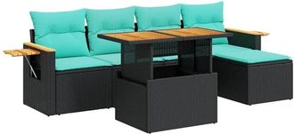 vidaXL 6 Piece Garden Sofa Set with Cushions Black Poly Rattan Acacia vidaXL