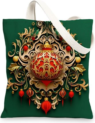 Generic Vintage Merry Christmas Balls Canvas Tote Bag for Shopping 13x15, Relief 3D Xmas Reusable Grocery Print Bag for Women, Holiday New Year Beach Aestheti