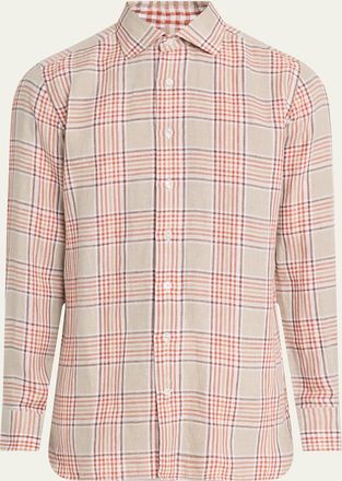 100Hands Mens Linen Check Casual Button-Down Shirt