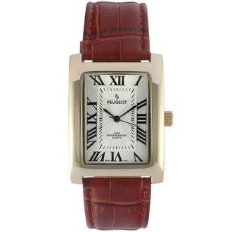 Peugeot Vintage Roman Numeral Tank Leather Watch - 43x30MM in Brown at Nordstrom