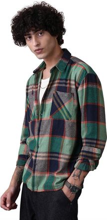 Campus Sutra Mens Jungle Green & Navy Blue Plaid-Check Utility Shacket