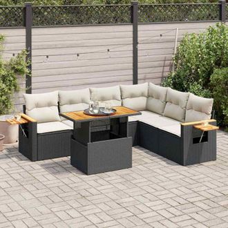 vidaXL Set Sof&aacute;s Jard&iacute;n Y Cojines 7 Pzas Rat&aacute;n Sint&eacute;tico Acacia Negro Vidaxl