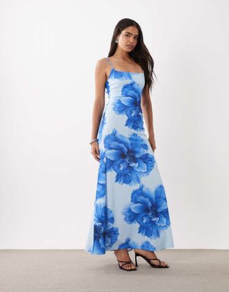Asos Vestito lungo blu a fiori con scollo squadrato e allacciatura sul retro-Multi