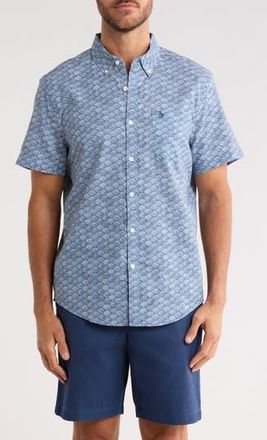 Original Penguin Wave Print Short Sleeve Linen & Cotton Blend Button-Down Shirt in Copen Blue at Nordstrom Rack, Size Xx-Large