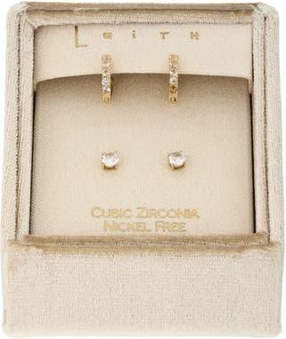 Leith Set of 2 Cubic Zirconia Stud & Huggie Hoop Earrings in Clear- Gold at Nordstrom Rack