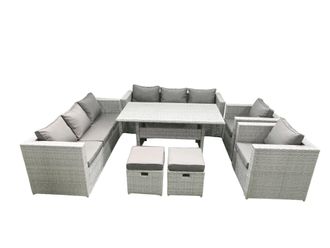 Fimous Rattan Garden Furniture Set Outdoor 8 Seater Patio Dinin g Sofa Sets with Dining Table 2 Chairs 2 Small Footstools Light Grey Mixed