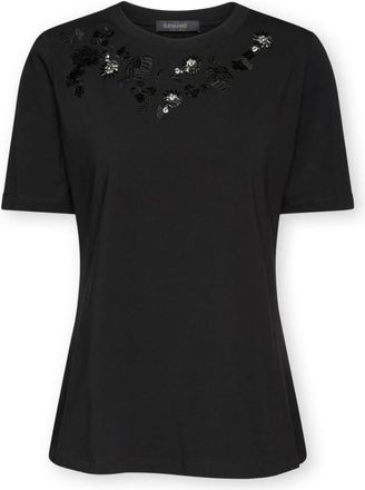 Elena Miro T-shirt met bloemenborduursel - Dames - T-shirts - Zwart - 2XL - Katoen - Tops