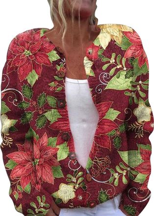 Generic Christmas Fluffy Cardigans Winter Jumpers Clothing Womens Single Plush Art Floral Print Comfortable Knitted Cardigan Womens Cardigans Size 18 Xmas Top