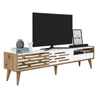 Dmora Dmora - Mueble De Televisi&oacute;n Alnilam, Aparador De Sal&oacute;n, Mueble Bajo Para Tv, Base De Pared Equipada, 180x45h35 Cm, Blanco Y Nogal, Con Embalaje Refor