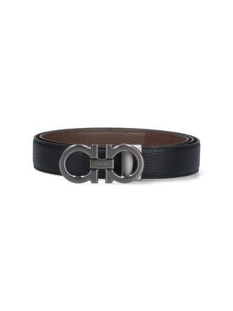 Ferragamo Reversible Gancini Belt In Black Calfskin On One Side