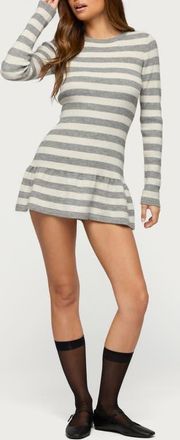Edikted Caisyn Stripe Rib Long Sleeve Minidress in Gray-Melange at Nordstrom, Size X-Large