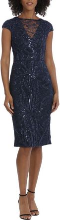 Maggy London Illusion Lace Sequin Embroidered Cap Sleeve Midi Dress in Twilight Navy at Nordstrom Rack, Size 10