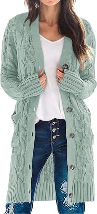 Merokeety Womens 2025 Long Sleeve Cable Knit Long Cardigan Open Front Button Sweater Outerwear, Sage, XL