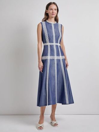 Misook Fit & Flare Cotton Eyelet Trim Maxi Dress in Mazarine/white at Nordstrom, Size X-Large