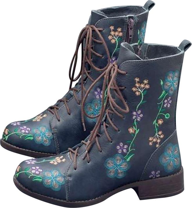 Boho Embroidered Boots for Women, Vintage Flower Design Lace Up Leather Mid Heel Booties, Comfortable Round Toe Waterproof Mid Calf Casual Shoes