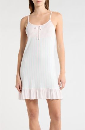 French Connection Bow Detail Stripe Chemise in Blue/Pink Stripe at Nordstrom, Size X-Large