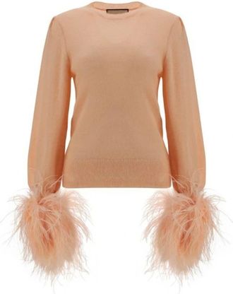 Gucci Truien & Vesten, Dames, Roze, M, Wol, Wollen Trui met Veren Details