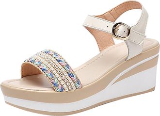 Generic Womens Summer Comfortable Round Toe Wedge Heels Thick Sole Open Toe Buckle Retro Chic Platform Lightweight Dresses Sandals Shoes, white, 2 UK