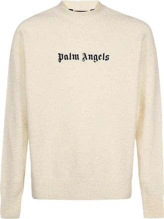 Palm Angels Classic Logo Crewneck Jumper - Heren - Ronde hals truien - Beige - S - Wol - Truien & Vesten