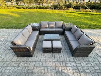 Fimous Rattan Lounge Sofa Set 11 Seater Outdoor Garden Furniture Set with Rectangular Coffee Table 3 Seater Sofa 2 Side Tables 2 Small Footstools