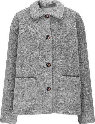 Generic Ladies Fleece Jackets Fluffy Lapel Collar Cardigans Womens Elegant Button Down Loose Warm Teddy Coat with Pockets Winter Thick Thermal Outdoor Casual 