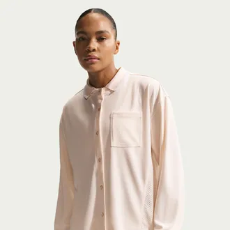 Nike Womens Nike Sportswear Oversized Button-Down Jersey Top in White | IF0274-103